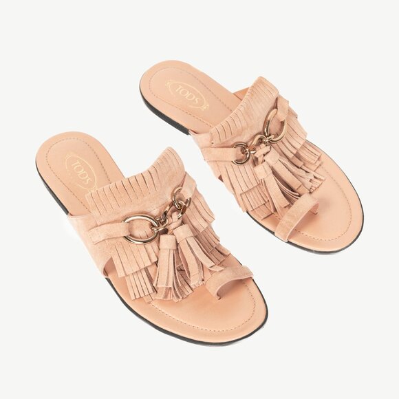 Tod's Sand Gomma Fringed Tassel Flat Thong Sandals - Picture 1 of 10